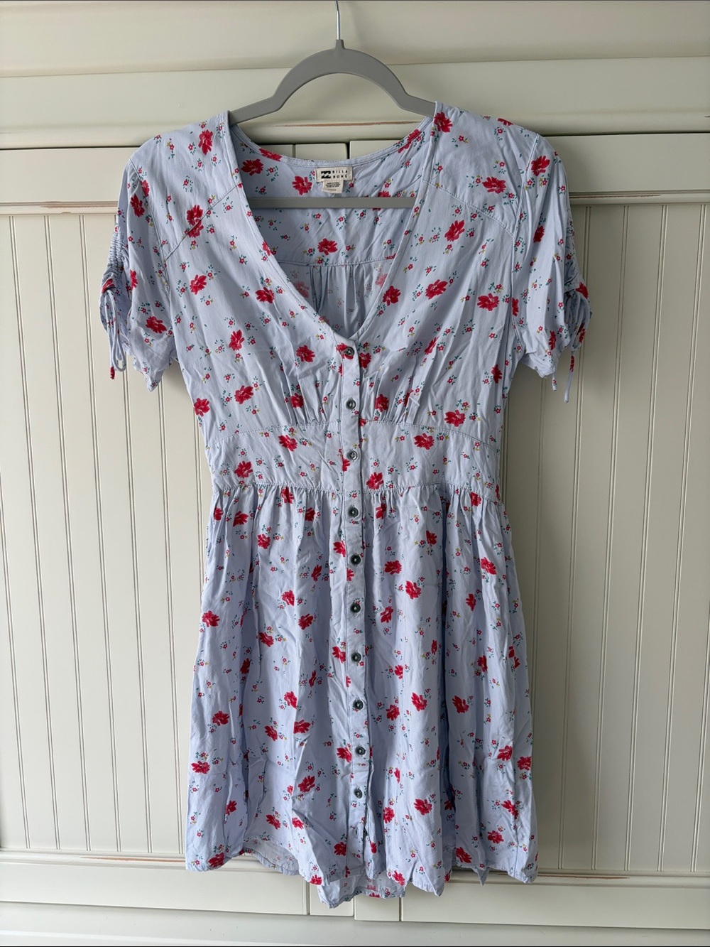 Billabong Light Blue Dress with Red Floral Print, Youth Small